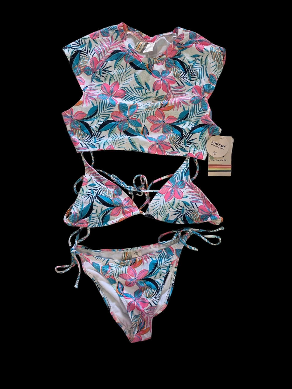 Ocean Pacific " OP" Three-Piece Floral Bikini Set - Blue & Pink Print NWT